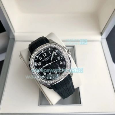 Copy Patek Philippe Aquanaut 5167A Black Dial Diamond Bezel Black Rubber Strap Watch